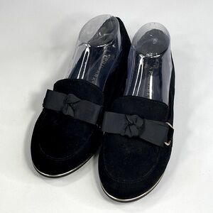 PRIMARK Bow Front Vegan Suede Loafers w Gold Trim Black-8